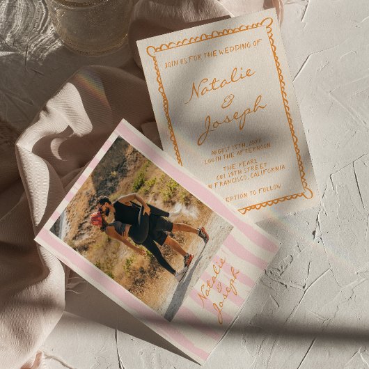 Hand geschreven Pinstripes kleurrijke foto bruilof Kaart