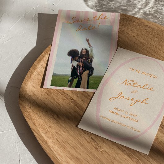 Hand geschreven Pinstripes kleurrijke foto bruilof Save The Date