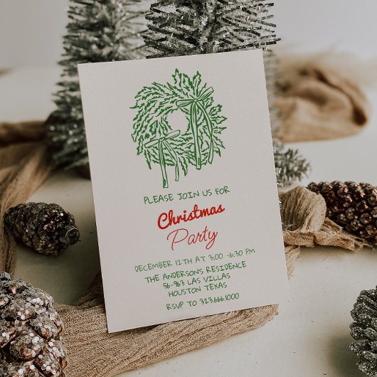 Hand geschreven rood groene kerstkrans partij kaart