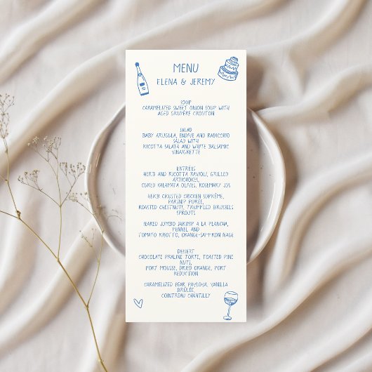 Hand geschreven tekening krabbel blauwe bruiloft menu