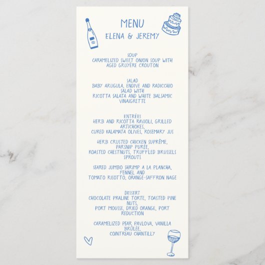 Hand geschreven tekening krabbel blauwe bruiloft menu (Voorkant)