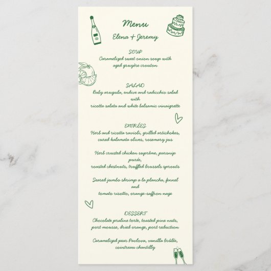 Hand geschreven tekening krabbel groene bruiloft menu (Voorkant)