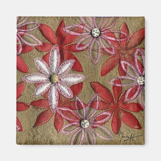 Hand gesneden gewatteerde rode en roze bloemen magneet (Voorkant)