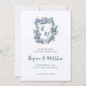 Hand getekend Blauw Bloemenkam Monogram bruiloft Save The Date (Voorkant)
