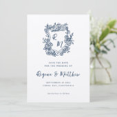 Hand getekend Blauw Bloemenkam Monogram bruiloft Save The Date (Staand voorkant)