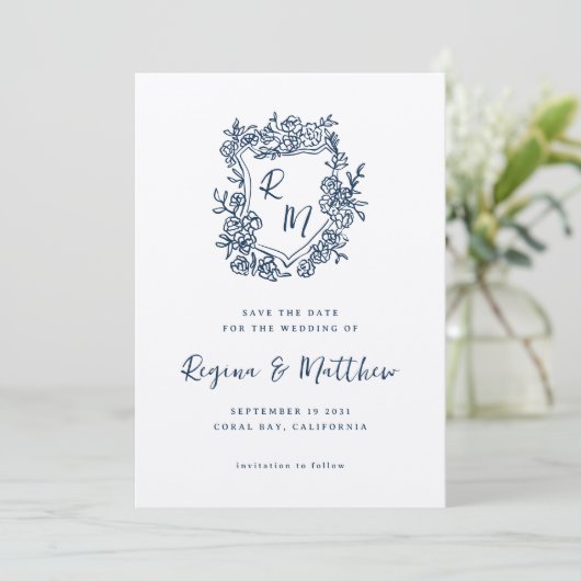 Hand getekend Blauw Bloemenkam Monogram bruiloft Save The Date (Staand voorkant)