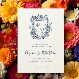 Hand getekend Blauw Bloemenkam Monogram bruiloft Save The Date