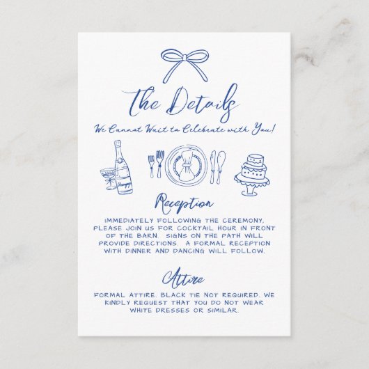 Hand getekend blauw grillige bruiloft details informatiekaartje (Voorkant)