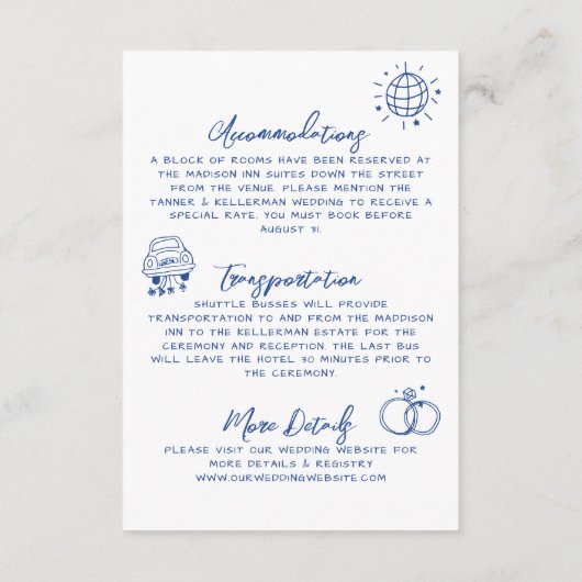 Hand getekend blauw grillige bruiloft details informatiekaartje (Achterkant)