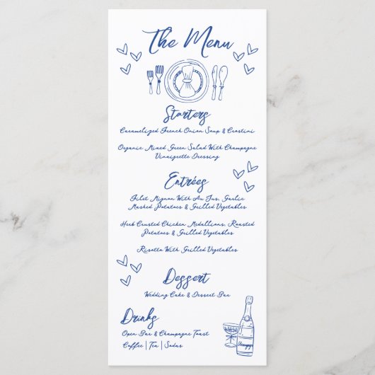 Hand getekend blauw grillige bruiloft menu (Voorkant)