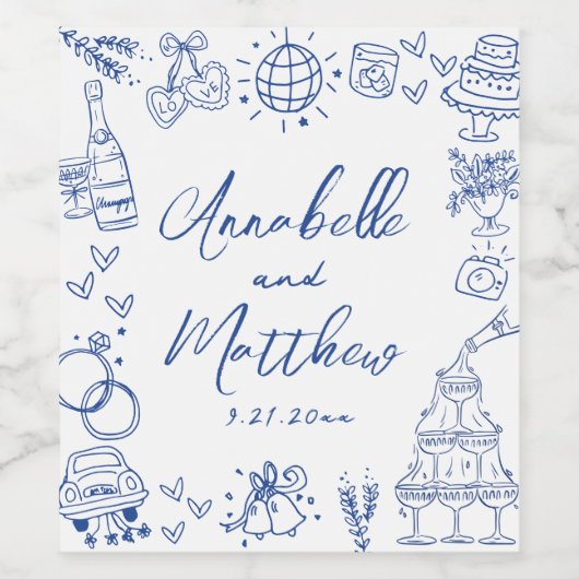 Hand getekend blauw grillige bruiloft wijn etiket (Enkel label)