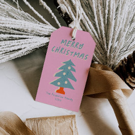 Hand getekend Blauw Groene Kerstboom Funky Cadeaulabel