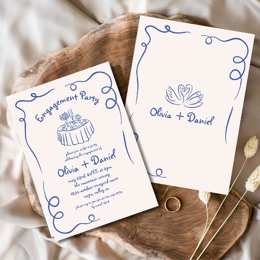 Hand getekend Blauw Whimsical Engagement Party Kaart