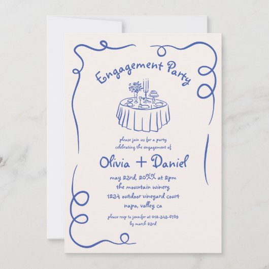 Hand getekend Blauw Whimsical Engagement Party Kaart (Voorkant)