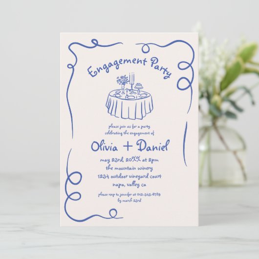 Hand getekend Blauw Whimsical Engagement Party Kaart (Staand voorkant)