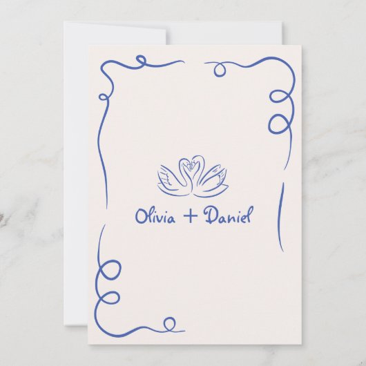 Hand getekend Blauw Whimsical Engagement Party Kaart (Achterkant)