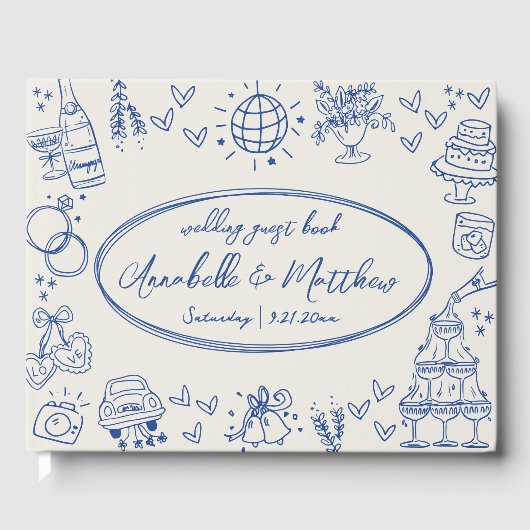 Hand getekend  Blauw Whimsical Wedding Gastenboek (Voorkant)