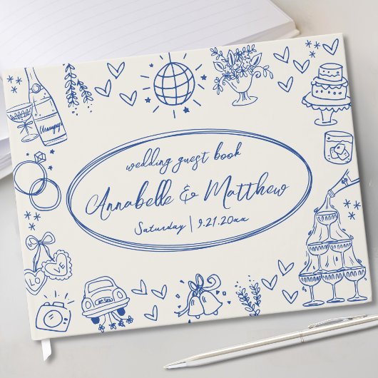 Hand getekend  Blauw Whimsical Wedding Gastenboek