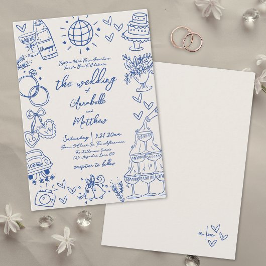 Hand getekend  Blauw Whimsical Wedding Kaart