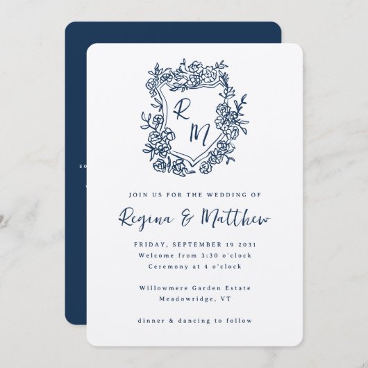 Hand getekend Crest Blue Monogram All-in-One Weddi Kaart (Voorkant / Achterkant)