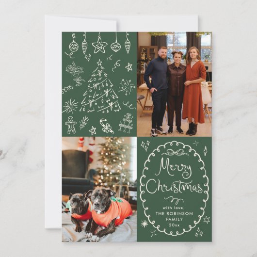 Hand getekend Donkergroen Vrolijk Kerstfeest 2 Fot Feestdagenkaart (Voorkant)