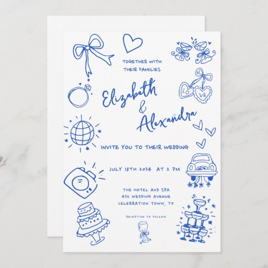 Hand getekend eigenzinnige Franse blauwe bruiloft Kaart (Voorkant / Achterkant)