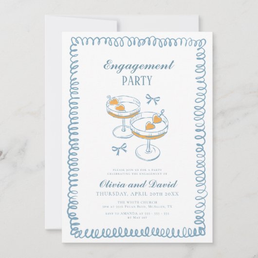 Hand getekend Frans Blauw Whimsical Engagement Par Kaart (Voorkant)