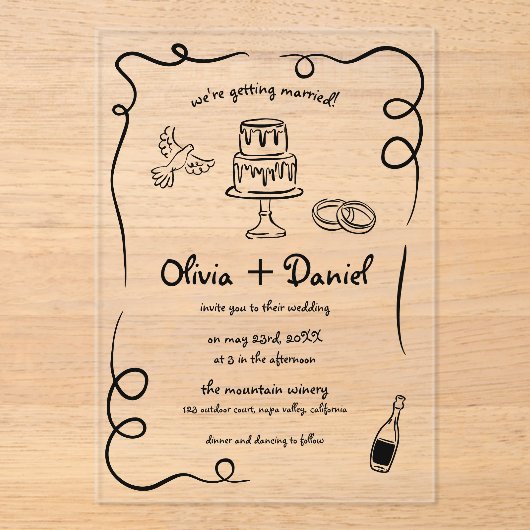 Hand getekend  Frans zwart grillige bruiloft Acryl Uitnodigingen (Voorkant)