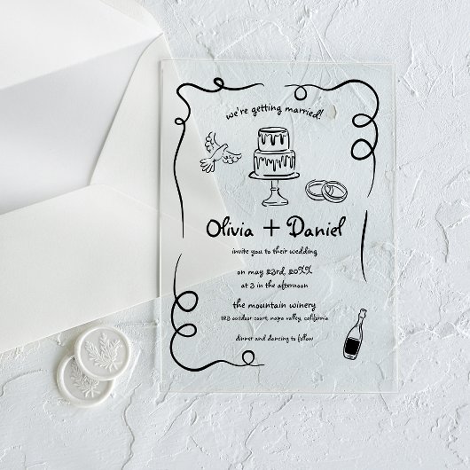 Hand getekend  Frans zwart grillige bruiloft Acryl Uitnodigingen