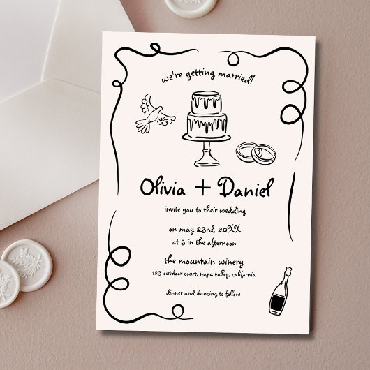 Hand getekend Frans zwart grillige bruiloft Kaart