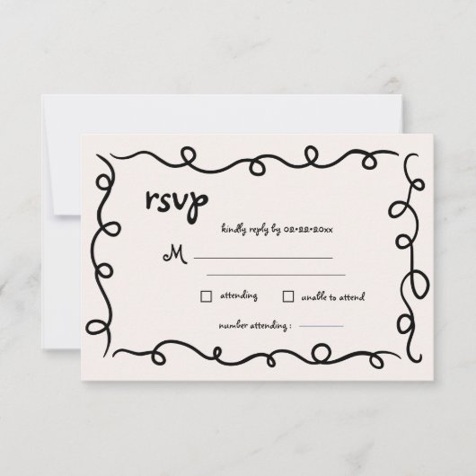 Hand getekend  Frans zwart grillige bruiloft RSVP Kaartje (Voorkant)