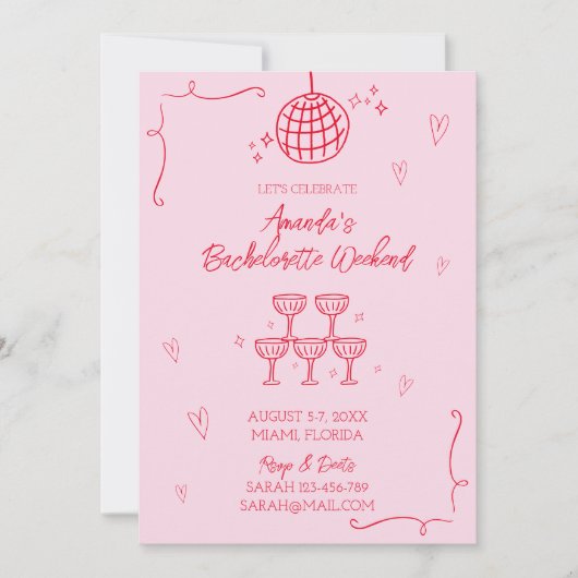 Hand getekend geïllustreerd roze & rood vrijgezell kaart (Voorkant)