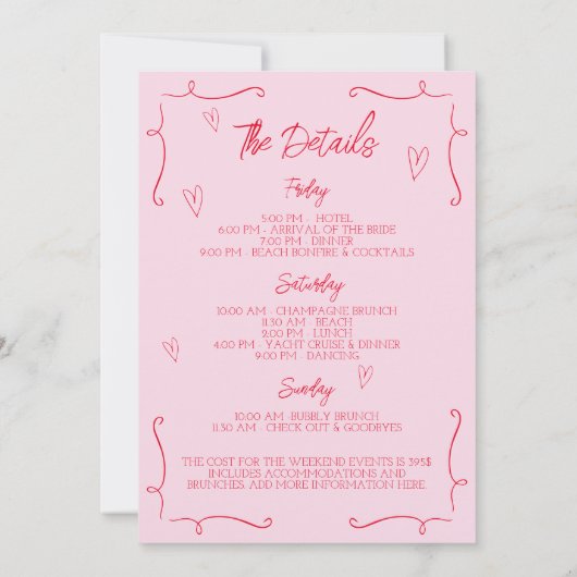 Hand getekend geïllustreerd roze & rood vrijgezell kaart (Achterkant)