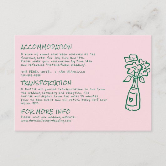 Hand getekend geschreven roze kleurrijke bruiloft  informatiekaartje (Voorkant)