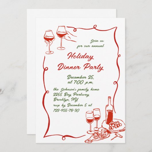 Hand getekend grillig kerstdiner kaart (Voorkant / Achterkant)