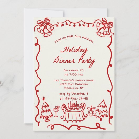 Hand getekend grillig kerstdiner kaart (Voorkant)