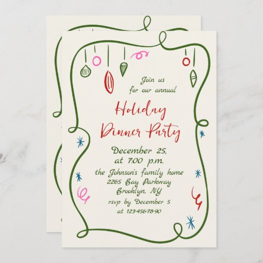 Hand getekend grillig kerstdiner kaart (Voorkant / Achterkant)