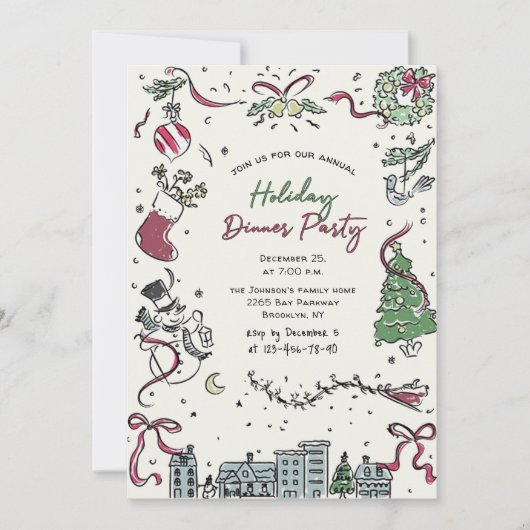 Hand getekend grillig kerstdiner kaart (Voorkant)