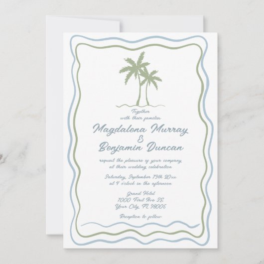 Hand getekend Groen Blauw Wavy Lijst Palm Tree Wed Kaart (Voorkant)