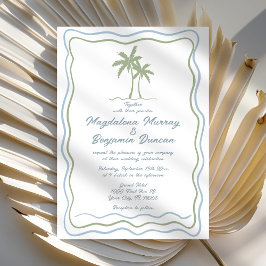 Hand getekend Groen Blauw Wavy Lijst Palm Tree Wed Kaart