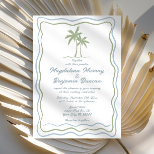 Hand getekend Groen Blauw Wavy Lijst Palm Tree Wed Kaart