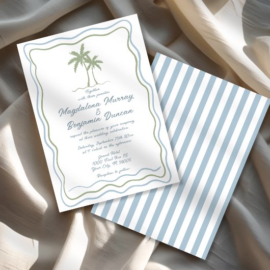 Hand getekend Groen Blauw Wavy Lijst Palm Tree Wed Kaart