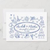 Hand getekend handgeschreven blauw grillige bruilo kaart (Voorkant)