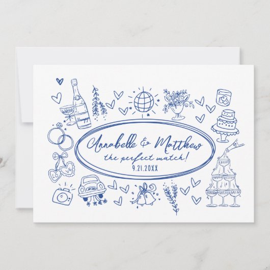 Hand getekend handgeschreven blauw grillige bruilo kaart (Voorkant)