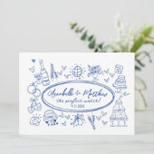 Hand getekend handgeschreven blauw grillige bruilo kaart (Staand voorkant)