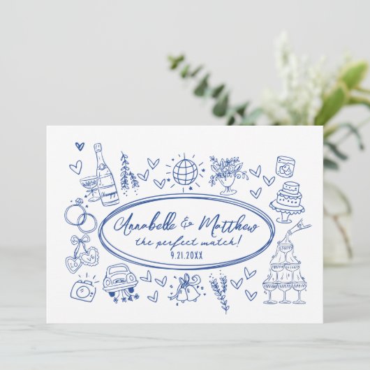 Hand getekend handgeschreven blauw grillige bruilo kaart (Staand voorkant)