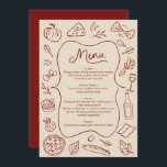 Hand getekend Italiaans Stijl Menu Rustiek Rood &<br><div class="desc">Verbeter uw huwelijksreceptie met deze rustieke rode en crèmekleurige geïllustreerde menukaart. Met handgetekende voedselpictogrammen en een klassiek ontwerp, voegt deze aanpasbare menukaart een charmante touch toe aan uw speciale dag. Perfect voor het presenteren van uw zorgvuldig samengestelde menu, deze kaart is zowel elegant als functioneel, waardoor het een prachtige aandenken...</div>