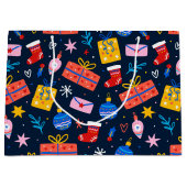 Hand getekend kleurrijk kerstpatroon, diep blauw groot cadeauzakje (Voorkant)