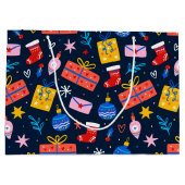 Hand getekend kleurrijk kerstpatroon, diep blauw groot cadeauzakje (Achterkant)