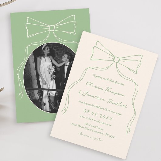 Hand getekend Quirky Bow Green Wedding Kaart
